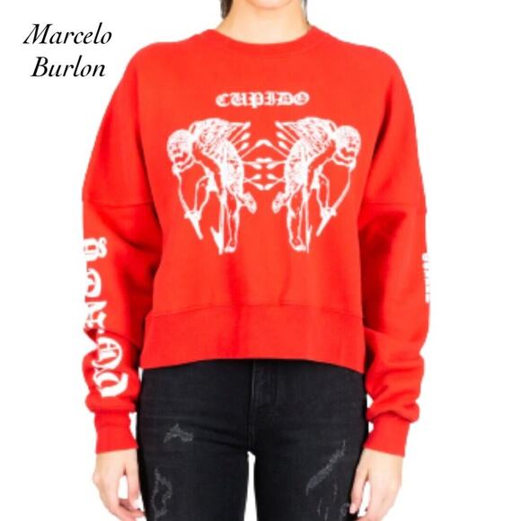 Marcelo Burlon Cupido Tattoo Graphic Red Cotton Pullover Sweatshirt NWOT Size S - Picture 1 of 10